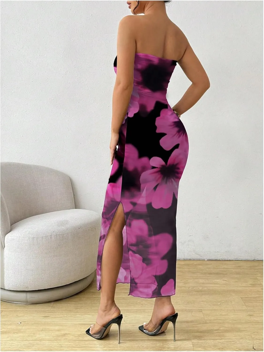 Milumia Women's Summer Printed Ruched Strapless Mesh Tube Dress Split Maxi Dresses