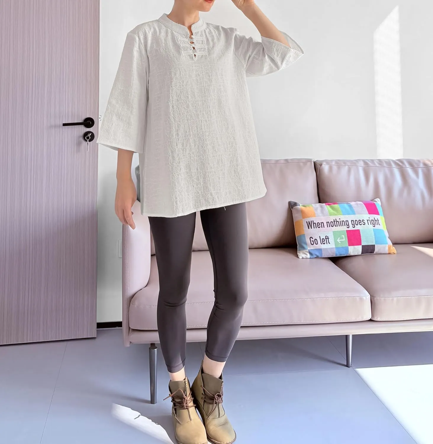 Minibee Women's 3/4 Length Sleeve Tops Cotton Linen Shirts Casual Blouse Summer Tops for Women