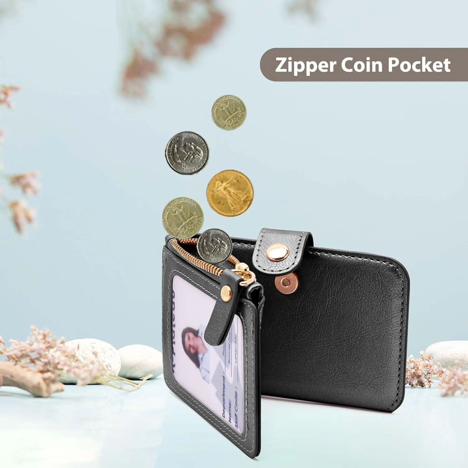 Minimalist Wallet,M-Plateau Card Holder Cute Small Wallet with Doorman Keychain Ring for Car Keys, Zipper Card Case Purse with ID Window,Perfect Gifts for Men and Women (Black)