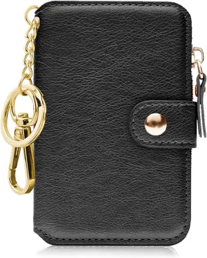 Minimalist Wallet,M-Plateau Card Holder Cute Small Wallet with Doorman Keychain Ring for Car Keys, Zipper Card Case Purse with ID Window,Perfect Gifts for Men and Women (Black)