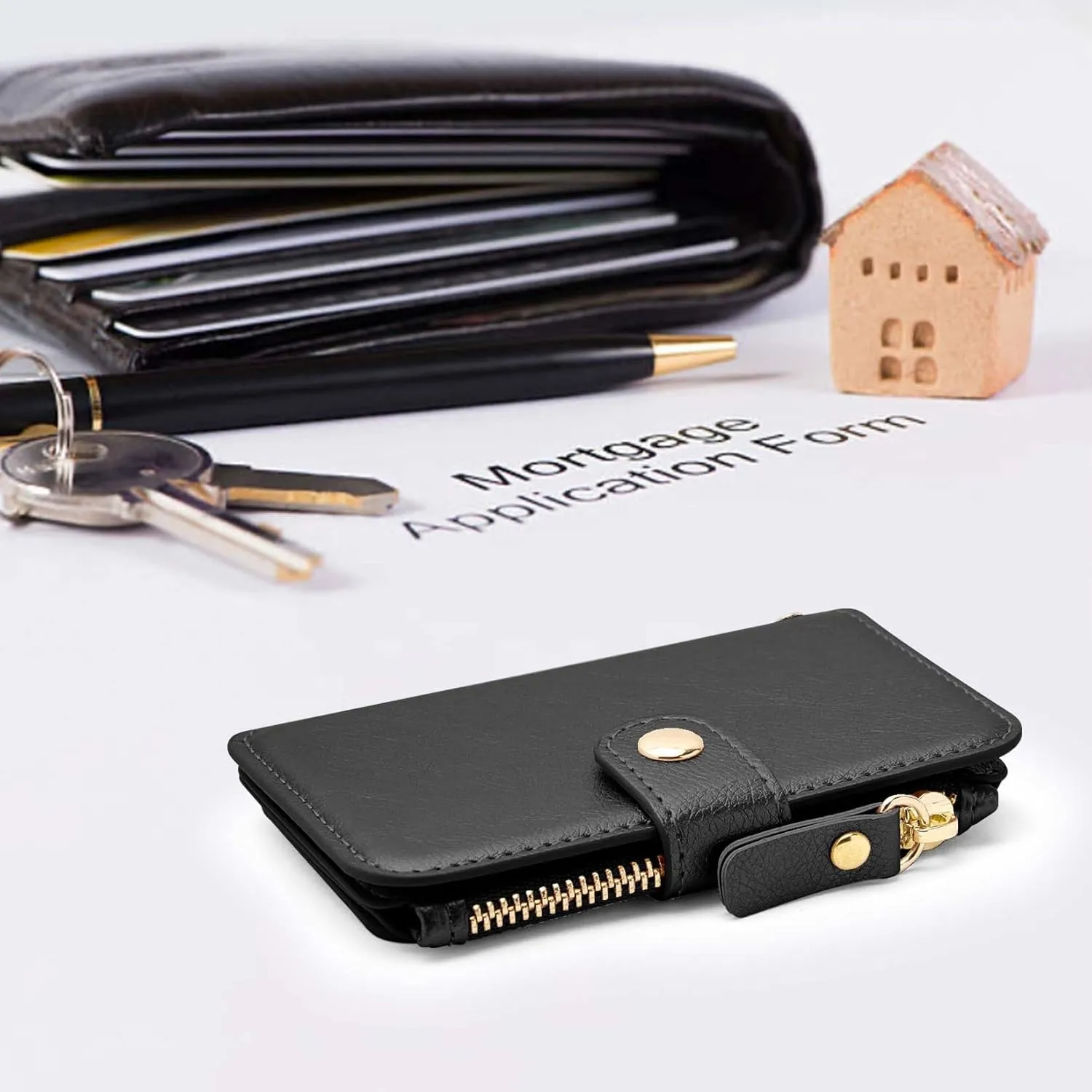 Minimalist Wallet,M-Plateau Card Holder Cute Small Wallet with Doorman Keychain Ring for Car Keys, Zipper Card Case Purse with ID Window,Perfect Gifts for Men and Women (Black)