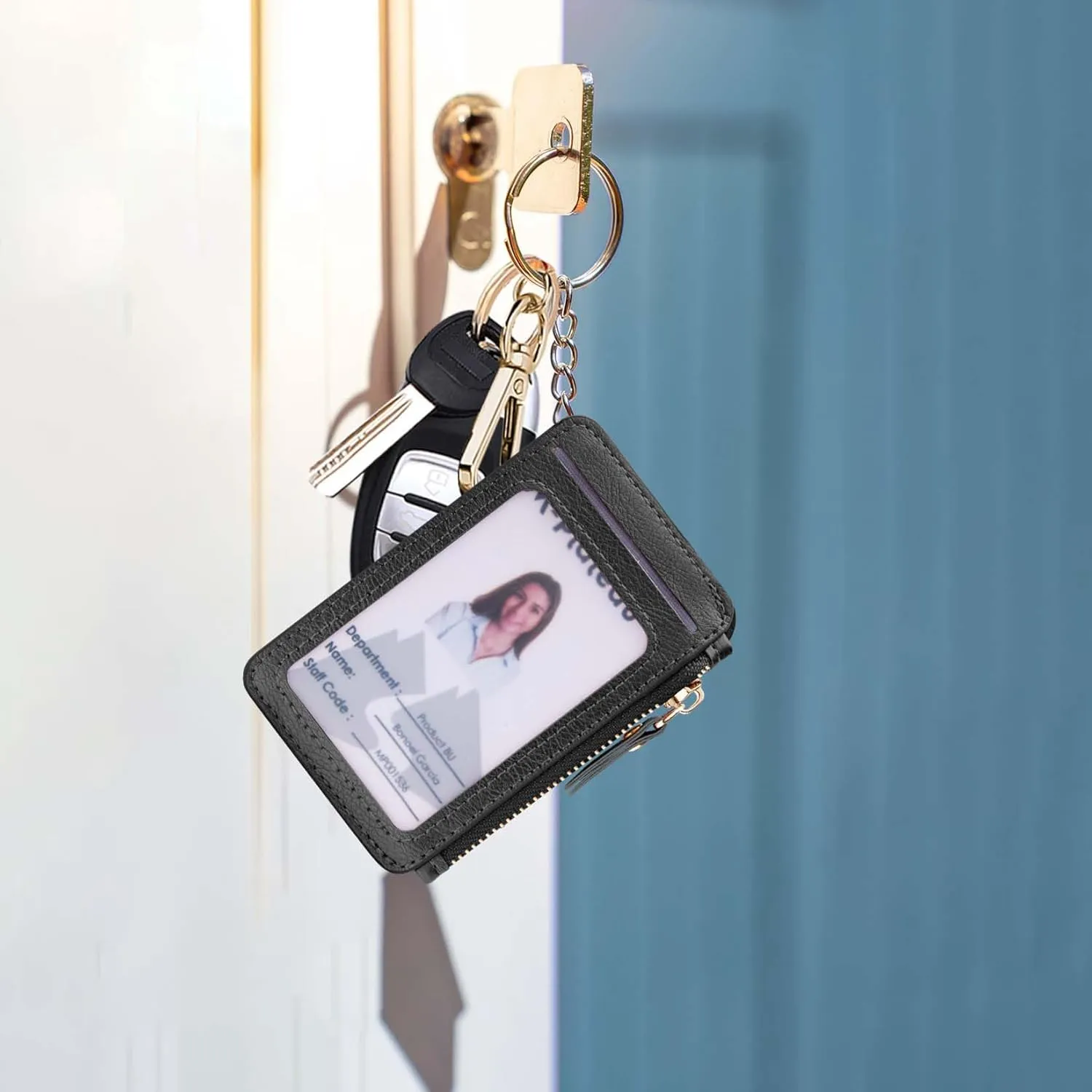Minimalist Wallet,M-Plateau Card Holder Cute Small Wallet with Doorman Keychain Ring for Car Keys, Zipper Card Case Purse with ID Window,Perfect Gifts for Men and Women (Black)