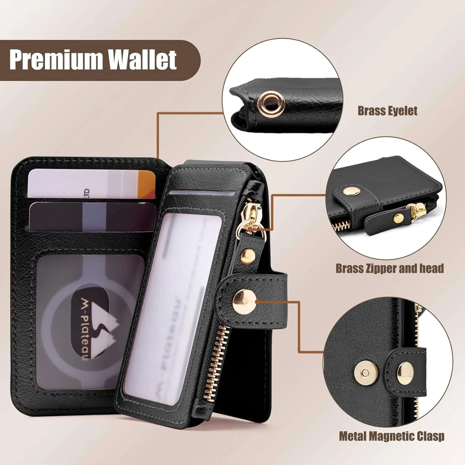 Minimalist Wallet,M-Plateau Card Holder Cute Small Wallet with Doorman Keychain Ring for Car Keys, Zipper Card Case Purse with ID Window,Perfect Gifts for Men and Women (Black)
