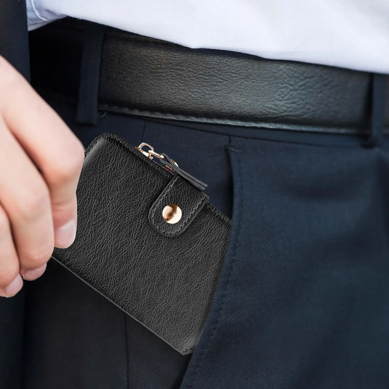 Minimalist Wallet,M-Plateau Card Holder Cute Small Wallet with Doorman Keychain Ring for Car Keys, Zipper Card Case Purse with ID Window,Perfect Gifts for Men and Women (Black)