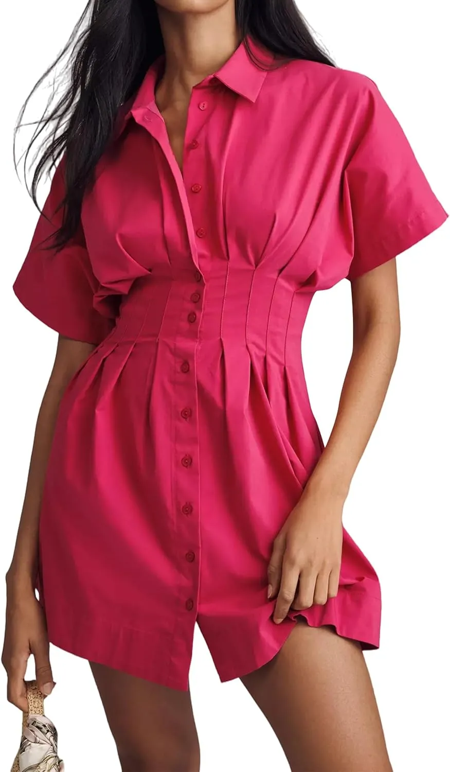 MISSACTIVER Women Pleated Button Down Shirt Dress Short Sleeve Striped Corset Mini Dresses Casual Summer Short Dress