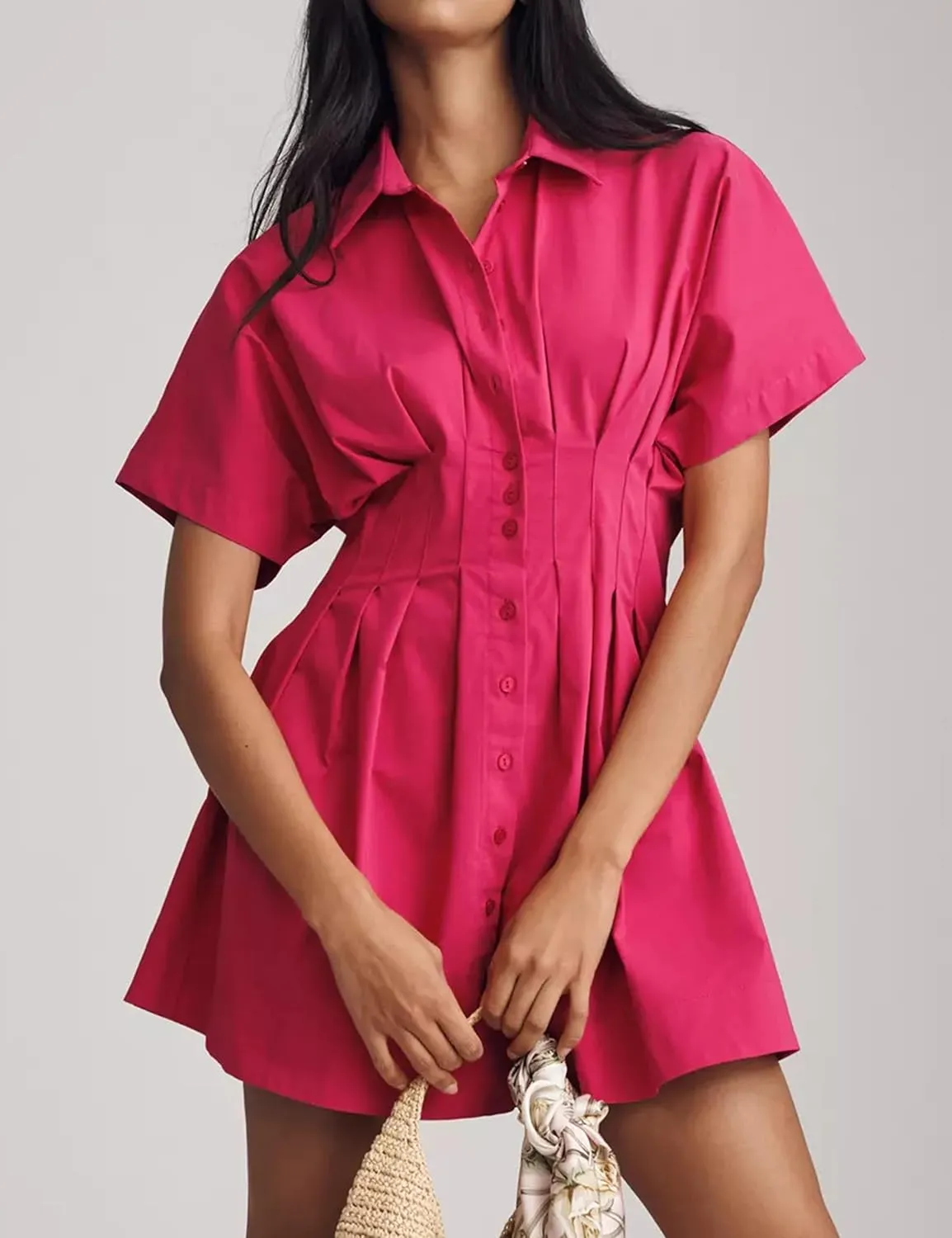 MISSACTIVER Women Pleated Button Down Shirt Dress Short Sleeve Striped Corset Mini Dresses Casual Summer Short Dress