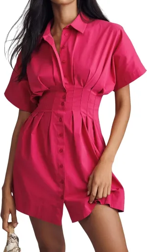 MISSACTIVER Women Pleated Button Down Shirt Dress Short Sleeve Striped Corset Mini Dresses Casual Summer Short Dress
