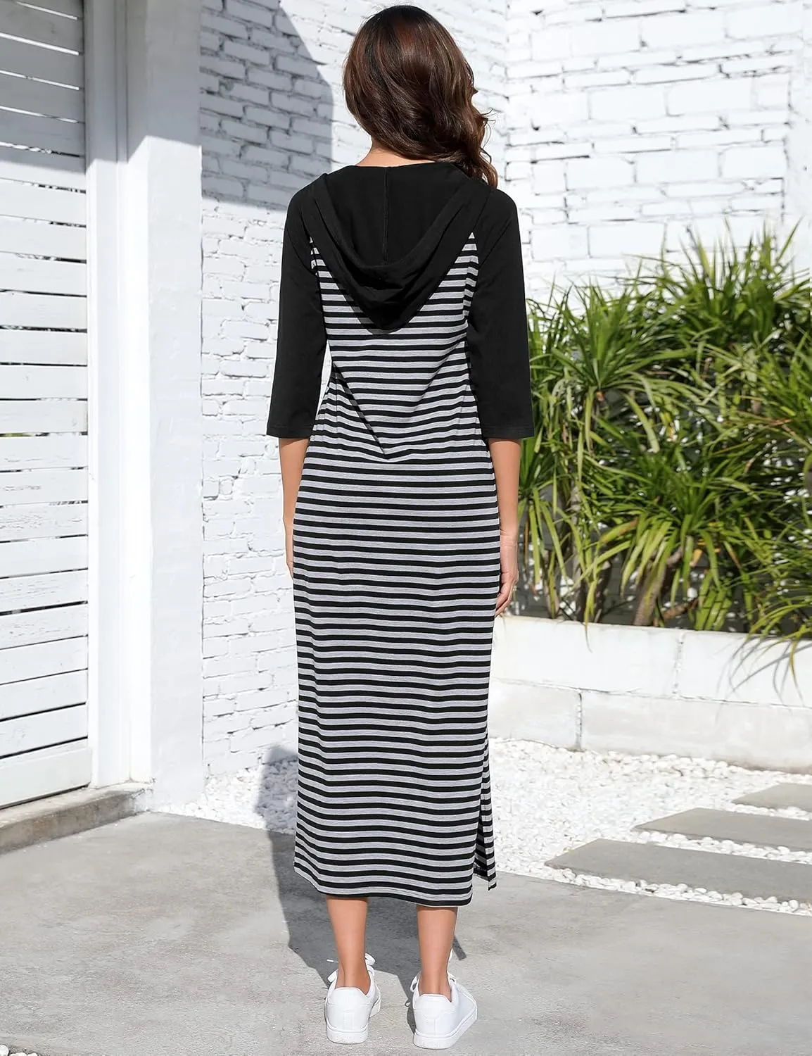 MISSKY Women Casual Pocket Quarter-Zip Neck 3/4 Sleeve Slim Split Pullover Hoodie Maxi Dress