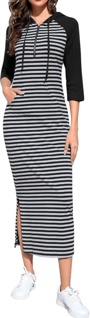MISSKY Women Casual Pocket Quarter-Zip Neck 3/4 Sleeve Slim Split Pullover Hoodie Maxi Dress