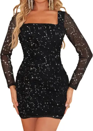 MOEENCN Women Mesh Dress Sparkly Long Sleeve Square Collar Pleated Bodycon Dresses Party Night Club Outfits