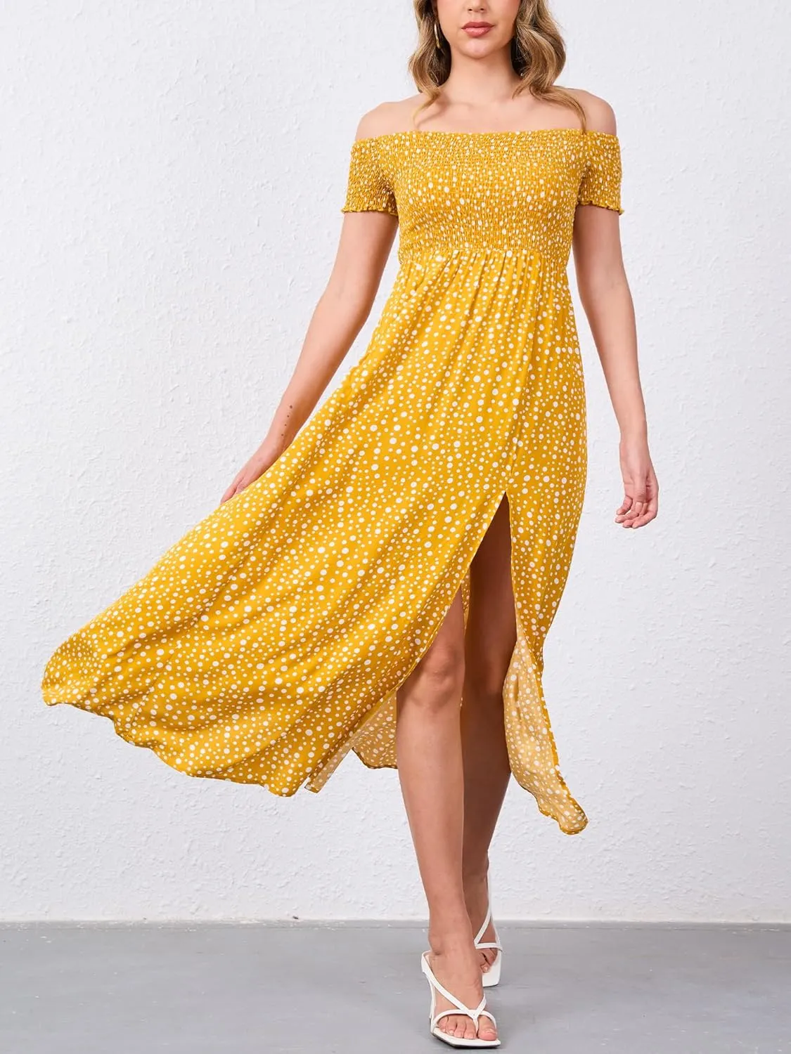 Moss Rose Womens Boho Maxi Dresses Summer Off Shoulder Cap Sleeve Flowy Swing Casual Long Dress