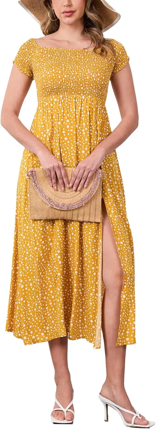 Moss Rose Womens Boho Maxi Dresses Summer Off Shoulder Cap Sleeve Flowy Swing Casual Long Dress