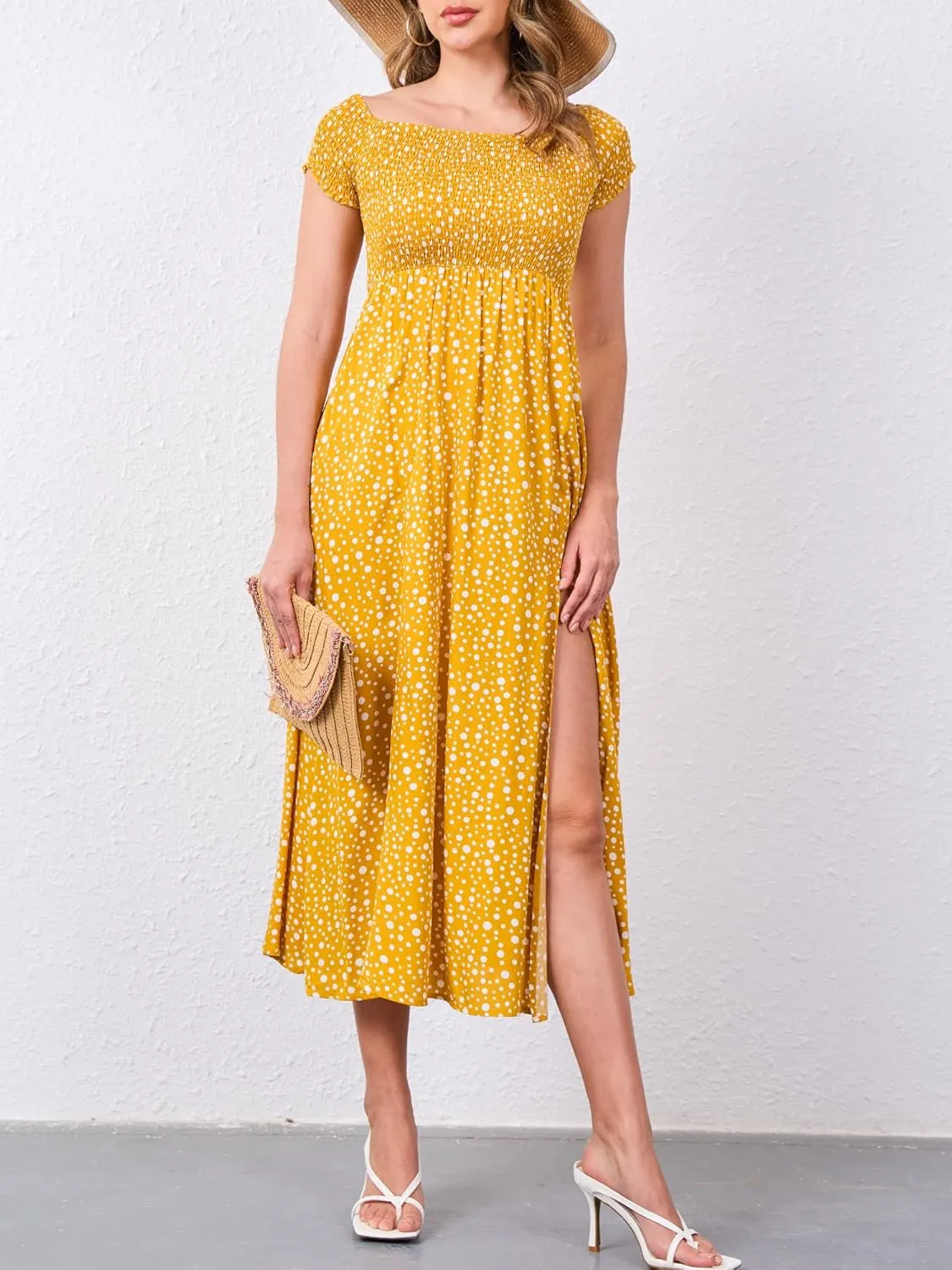 Moss Rose Womens Boho Maxi Dresses Summer Off Shoulder Cap Sleeve Flowy Swing Casual Long Dress