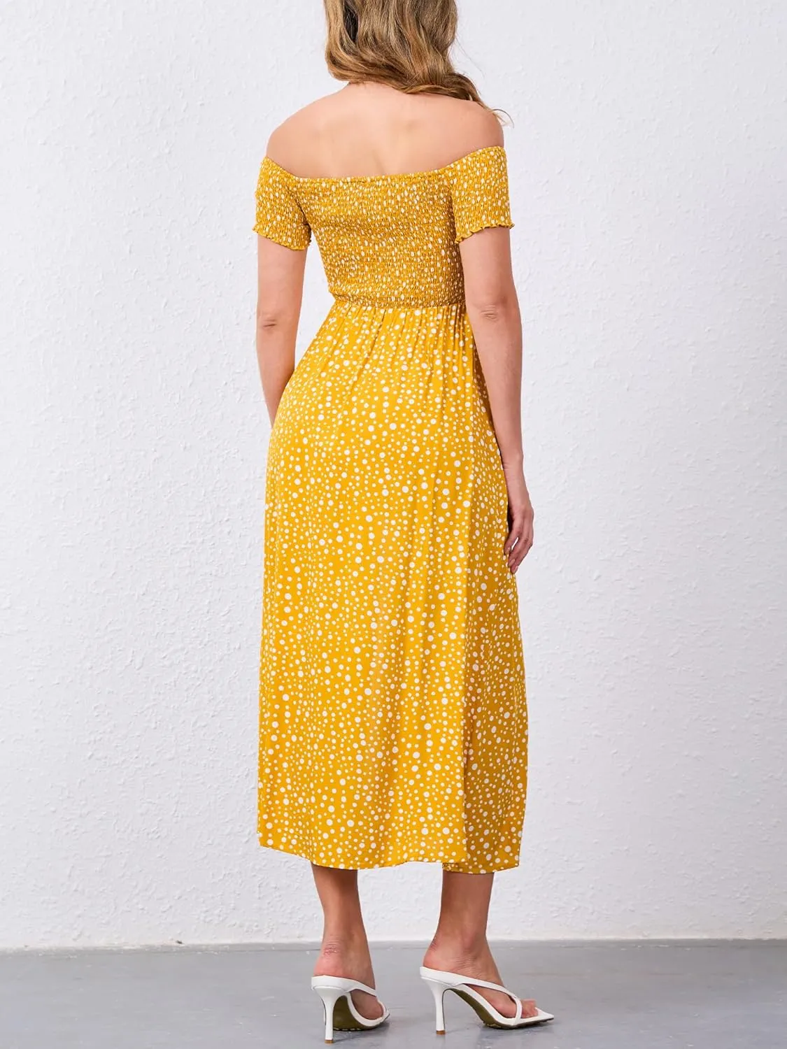 Moss Rose Womens Boho Maxi Dresses Summer Off Shoulder Cap Sleeve Flowy Swing Casual Long Dress