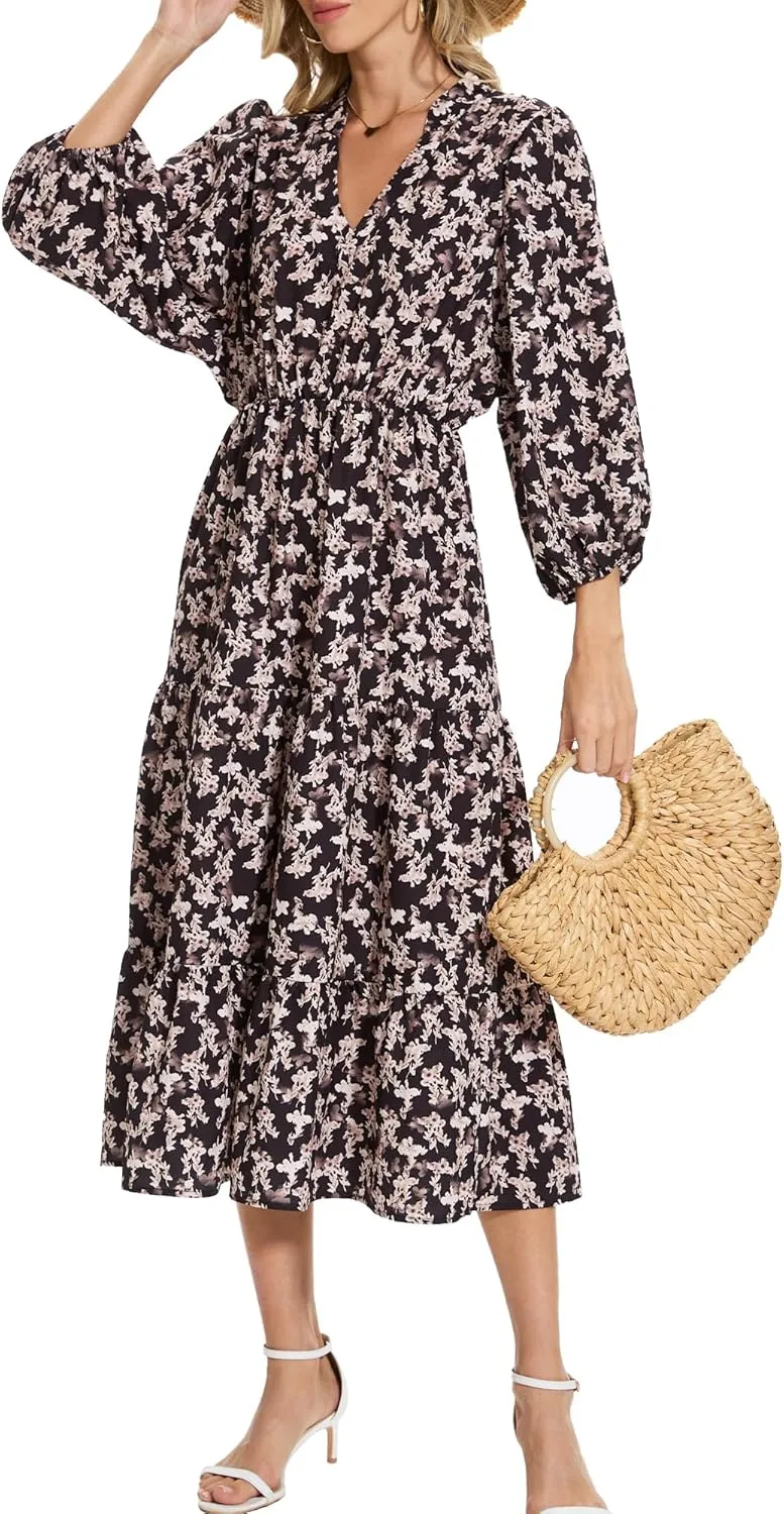 Moss Rose Womens Spring Summer Maxi Dresses V Neck 3/4 Sleeve Floral Flowy Swing Boho Long Dress