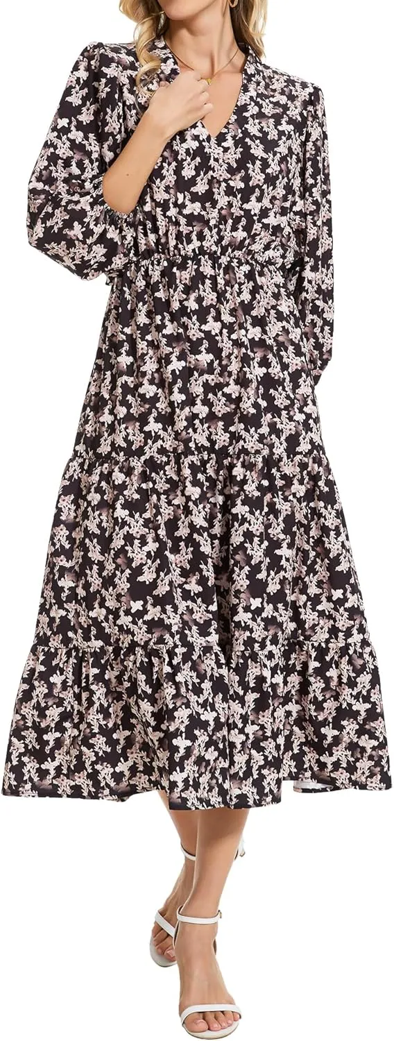 Moss Rose Womens Spring Summer Maxi Dresses V Neck 3/4 Sleeve Floral Flowy Swing Boho Long Dress
