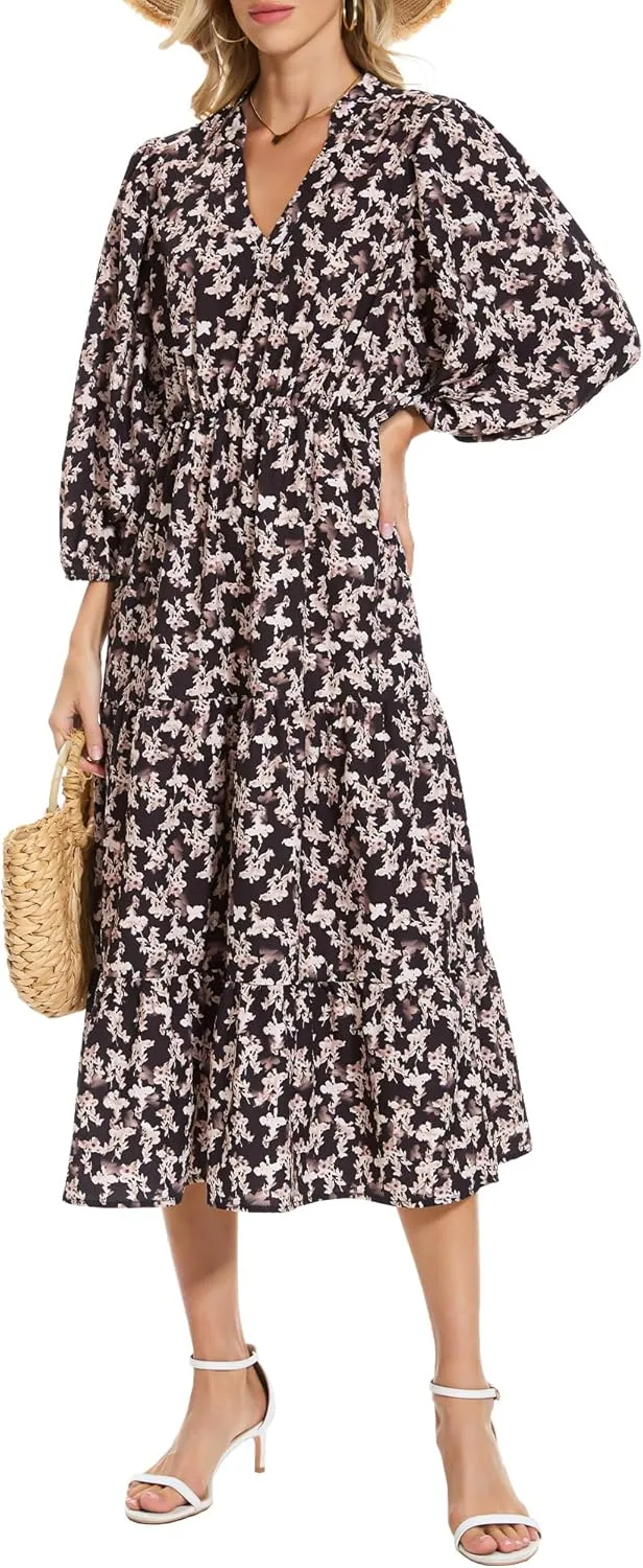 Moss Rose Womens Spring Summer Maxi Dresses V Neck 3/4 Sleeve Floral Flowy Swing Boho Long Dress