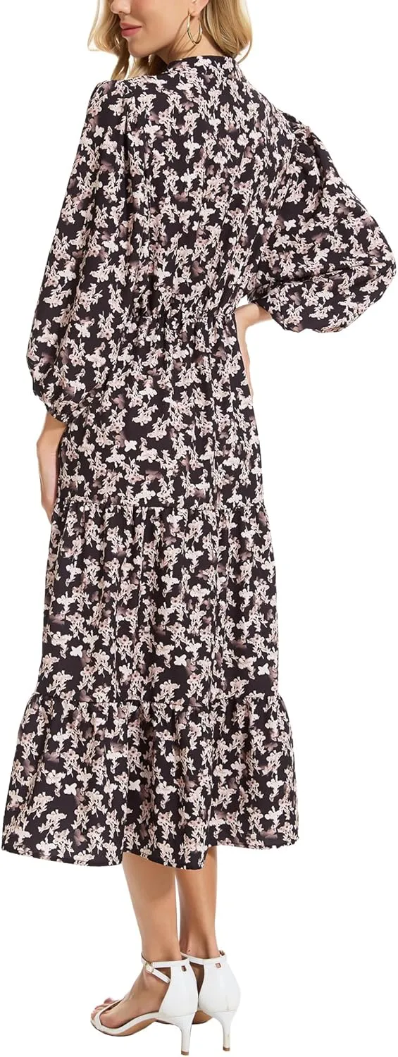 Moss Rose Womens Spring Summer Maxi Dresses V Neck 3/4 Sleeve Floral Flowy Swing Boho Long Dress