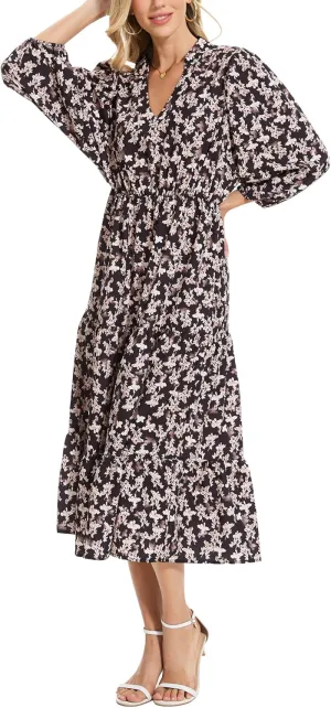 Moss Rose Womens Spring Summer Maxi Dresses V Neck 3/4 Sleeve Floral Flowy Swing Boho Long Dress