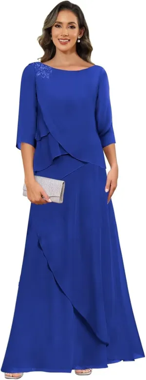 Mother of The Bride Dresses for Wedding Chiffon A Line Long Evening Dresses with Sleeves