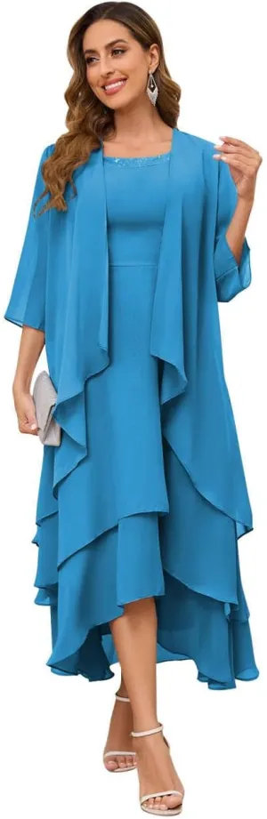 Mother of The Bride Dresses for Wedding Sequin Scoop Neck A Line Chiffon Womens Formal Dress with Long Jacket