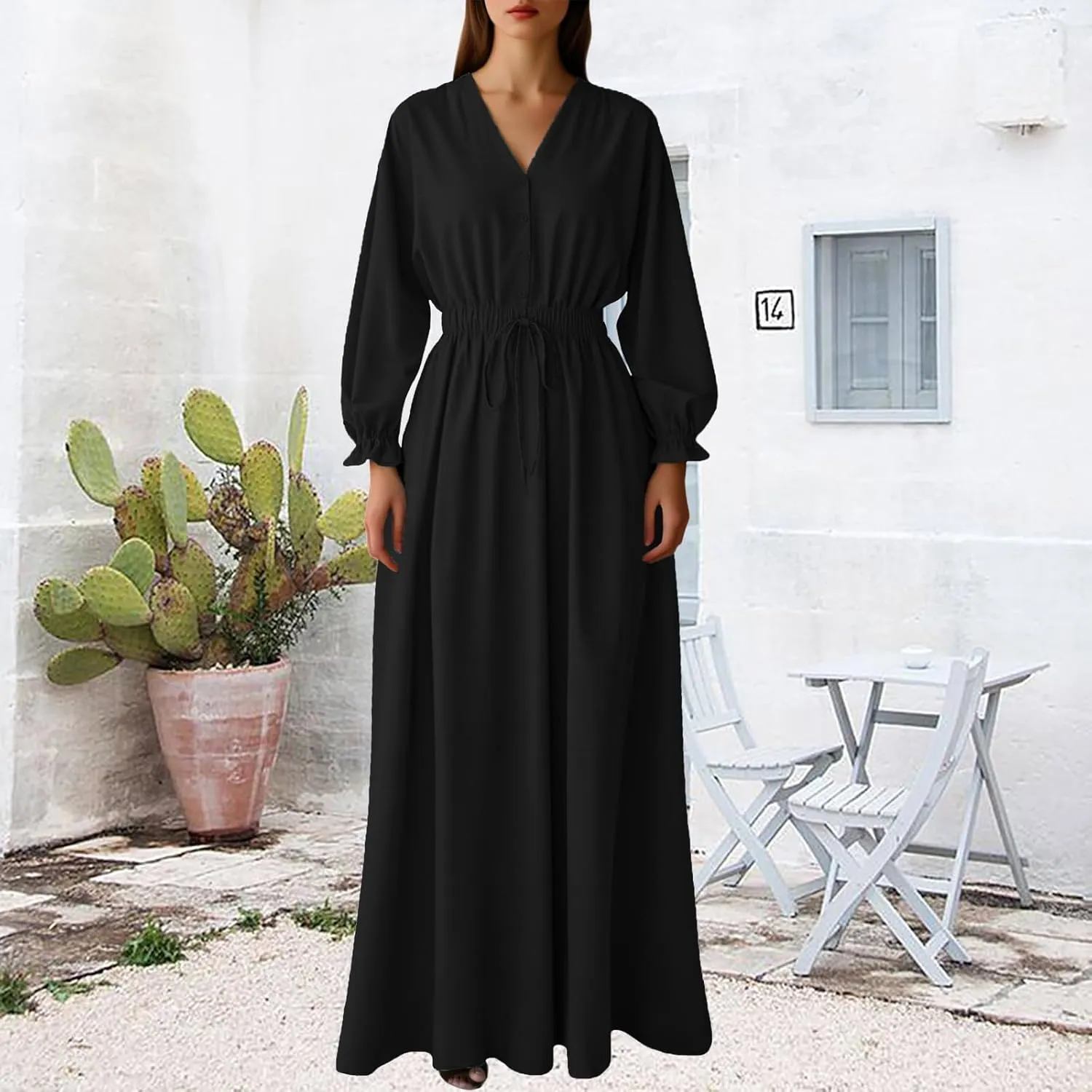 MsavigVice Women's Maxi Dresses Floral Printed Boho Casual V Neck Long Sleeve Elastic Waist Loose Floor Length Dress