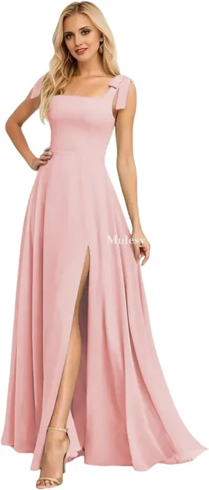 Mulesy Slit Long Bridesmaid Dresses for Women Formal Gowns with Bow Square Chiffon Prom Dress 2025 Ball Gown