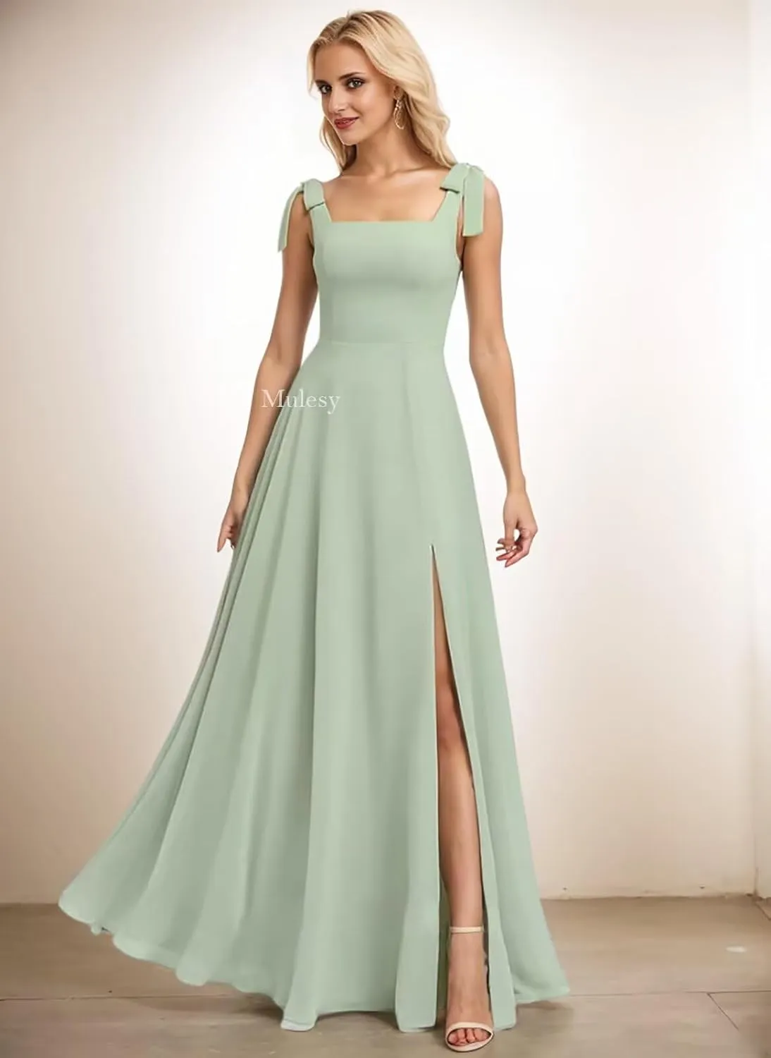 Mulesy Slit Long Bridesmaid Dresses for Women Formal Gowns with Bow Square Chiffon Prom Dress 2025 Ball Gown