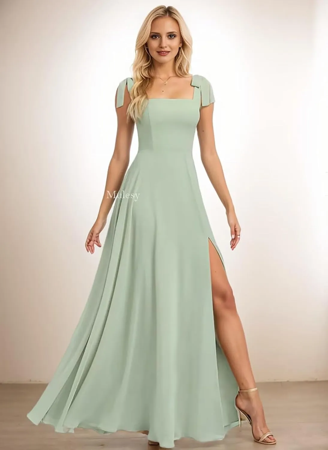 Mulesy Slit Long Bridesmaid Dresses for Women Formal Gowns with Bow Square Chiffon Prom Dress 2025 Ball Gown