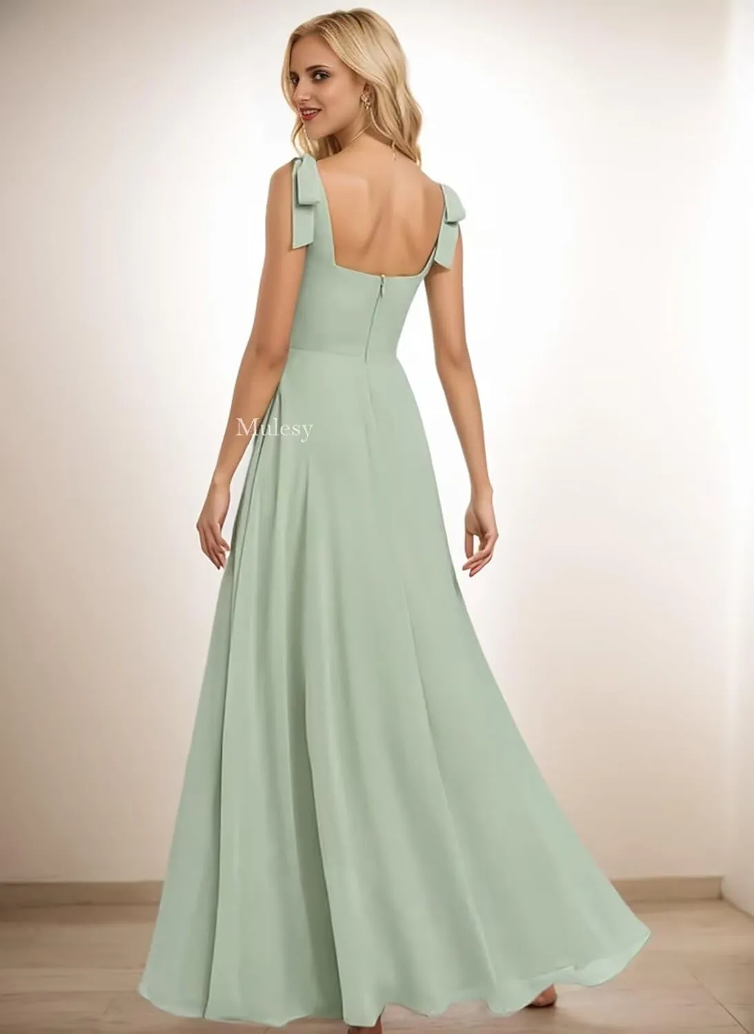 Mulesy Slit Long Bridesmaid Dresses for Women Formal Gowns with Bow Square Chiffon Prom Dress 2025 Ball Gown