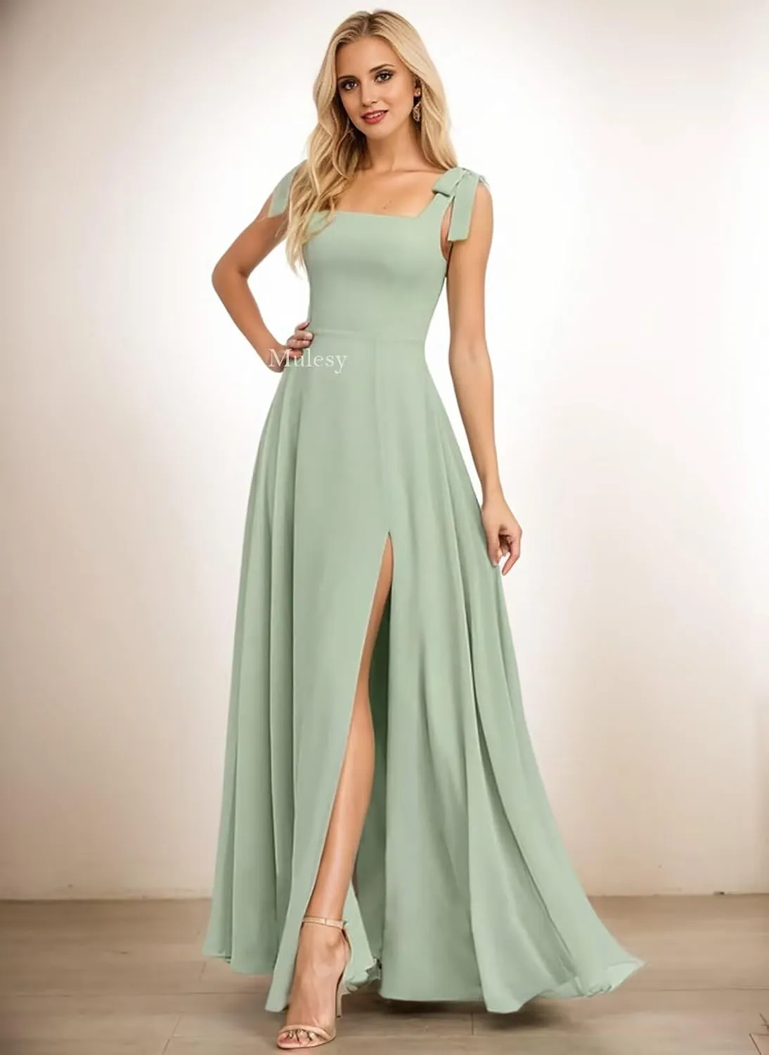 Mulesy Slit Long Bridesmaid Dresses for Women Formal Gowns with Bow Square Chiffon Prom Dress 2025 Ball Gown