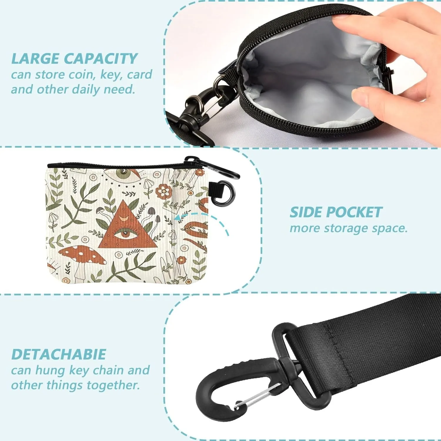 Mushroom Stylish Pattern Women's Change Wallet Card Cases Small Detachable Card Wallet Money Organizer with Wristle Strap for Men Women 2 Pcs