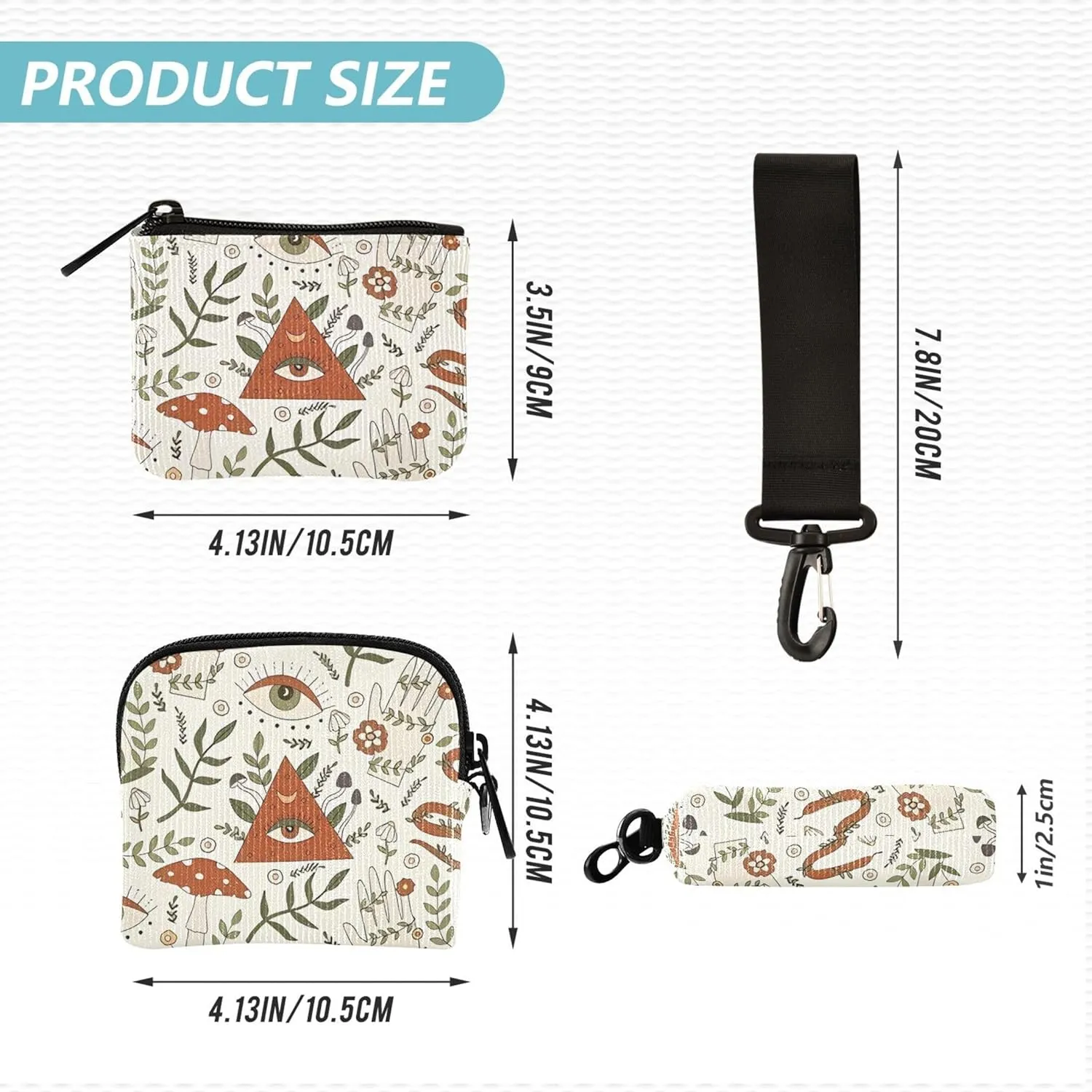 Mushroom Stylish Pattern Women's Change Wallet Card Cases Small Detachable Card Wallet Money Organizer with Wristle Strap for Men Women 2 Pcs