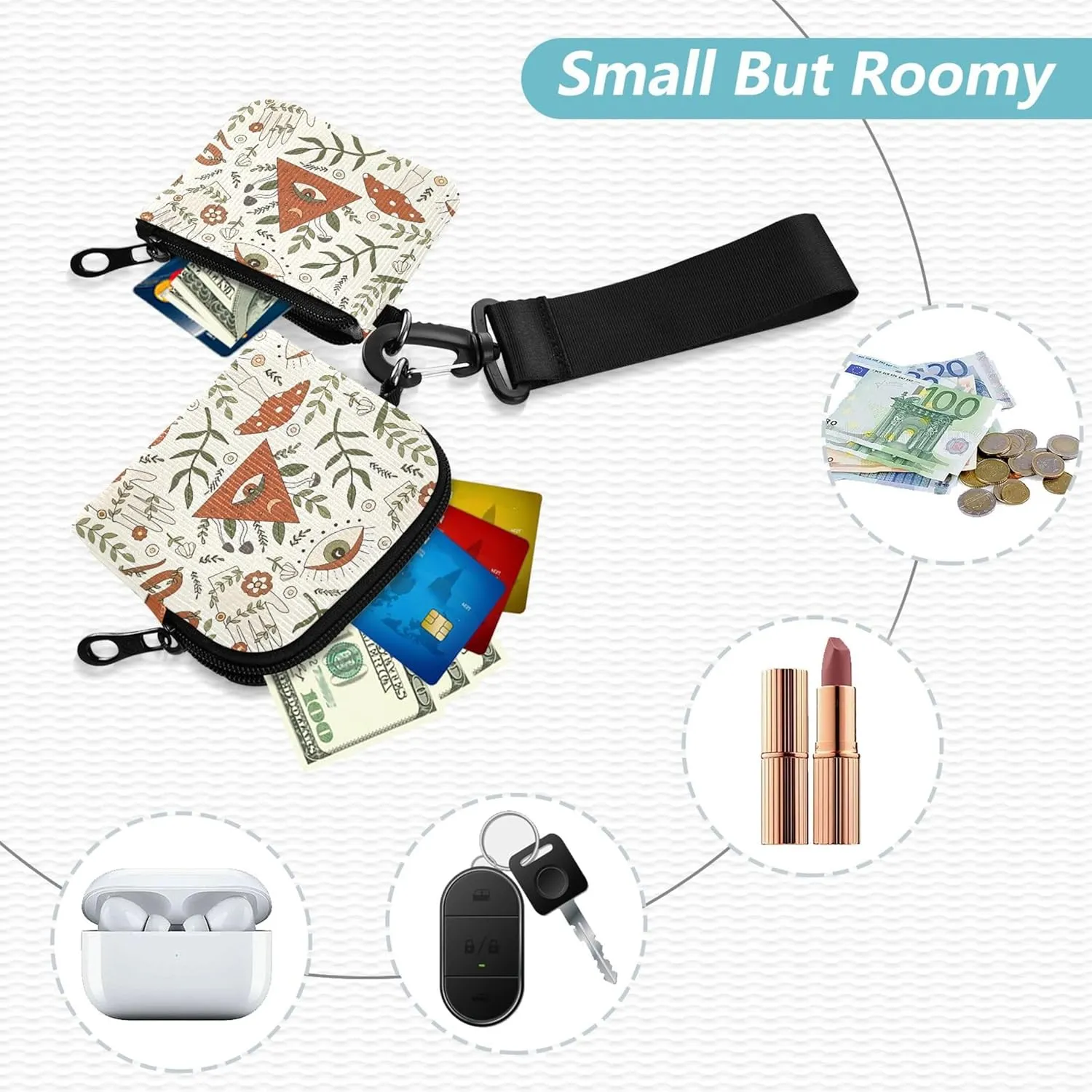 Mushroom Stylish Pattern Women's Change Wallet Card Cases Small Detachable Card Wallet Money Organizer with Wristle Strap for Men Women 2 Pcs