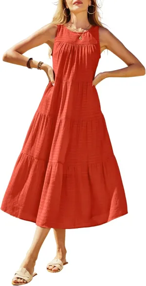Newshows Women's 2024 Summer Midi Dresses Sleeveless Crewneck Beach Boho Casual Loose Long Flowy Tiered Sundress with Pockets