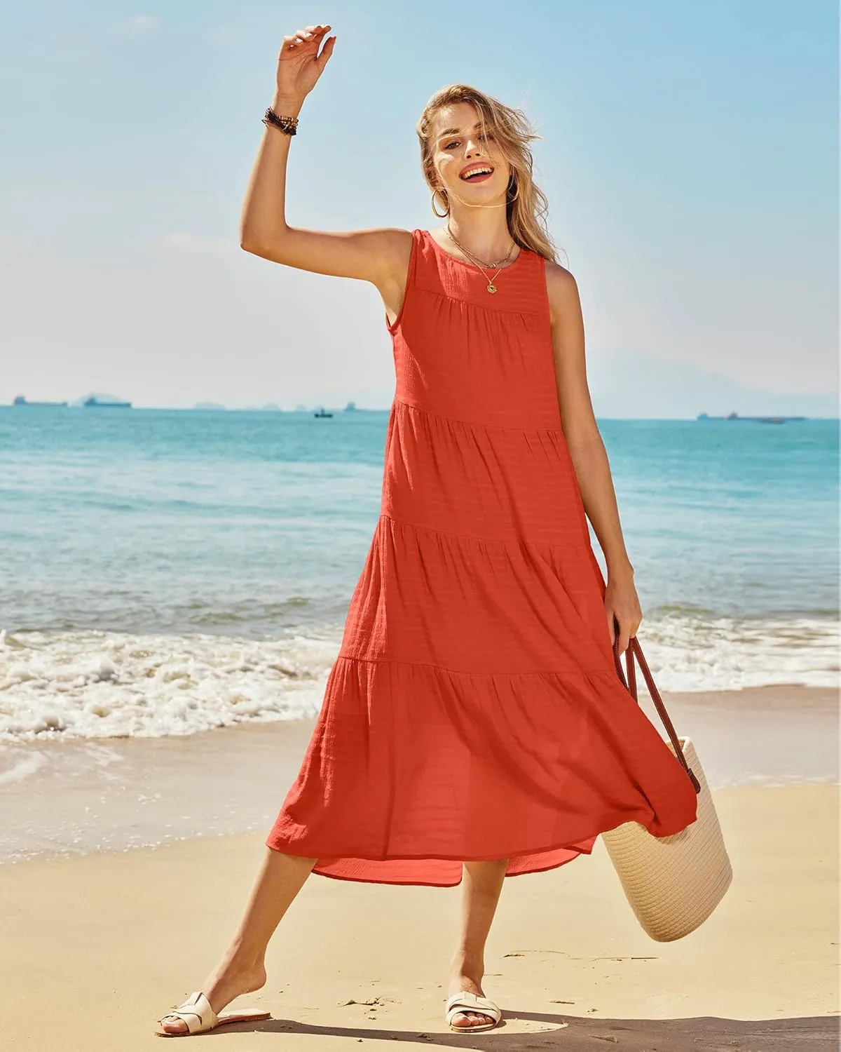 Newshows Women's 2024 Summer Midi Dresses Sleeveless Crewneck Beach Boho Casual Loose Long Flowy Tiered Sundress with Pockets
