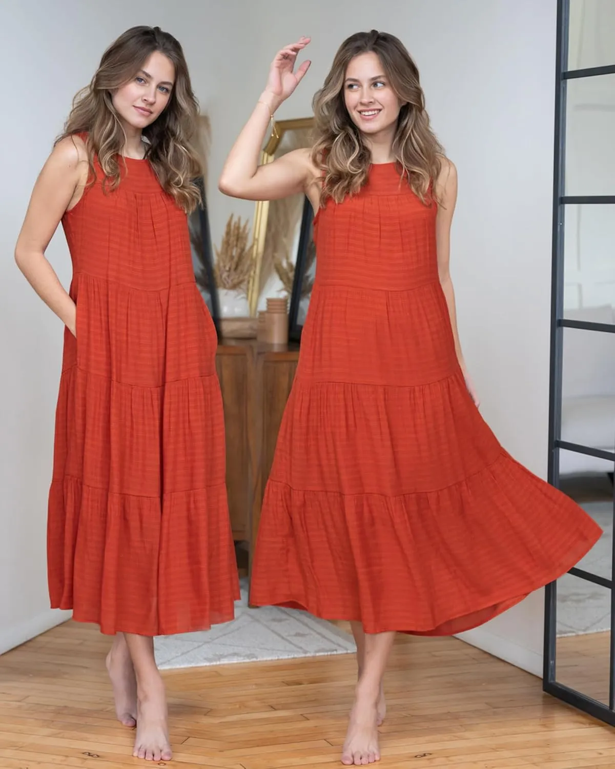 Newshows Women's 2024 Summer Midi Dresses Sleeveless Crewneck Beach Boho Casual Loose Long Flowy Tiered Sundress with Pockets