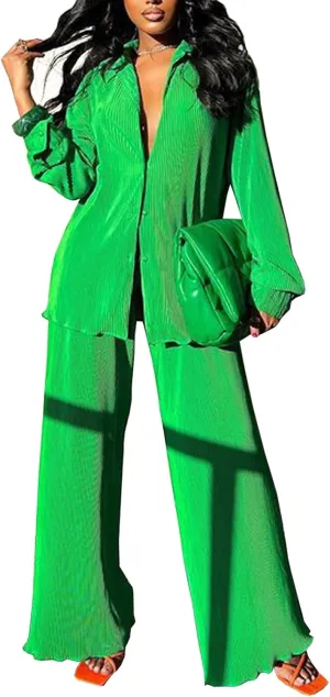 Neyaolk Women Pleated 2 Piece Pants Outfits Casual Loose Button Shirt Blouse Top Long Wide Leg Palazzo Pants Set Jumpsuit
