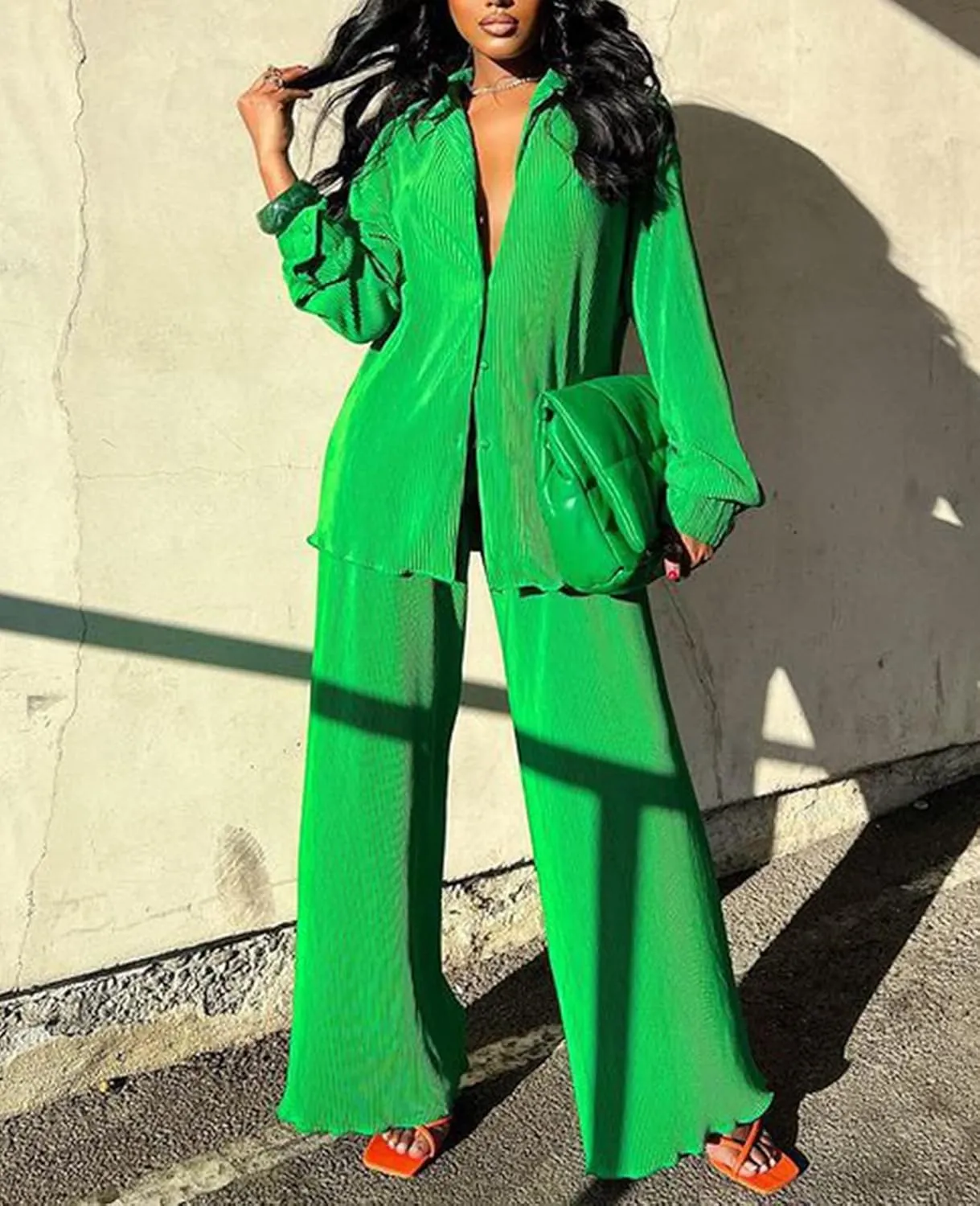 Neyaolk Women Pleated 2 Piece Pants Outfits Casual Loose Button Shirt Blouse Top Long Wide Leg Palazzo Pants Set Jumpsuit