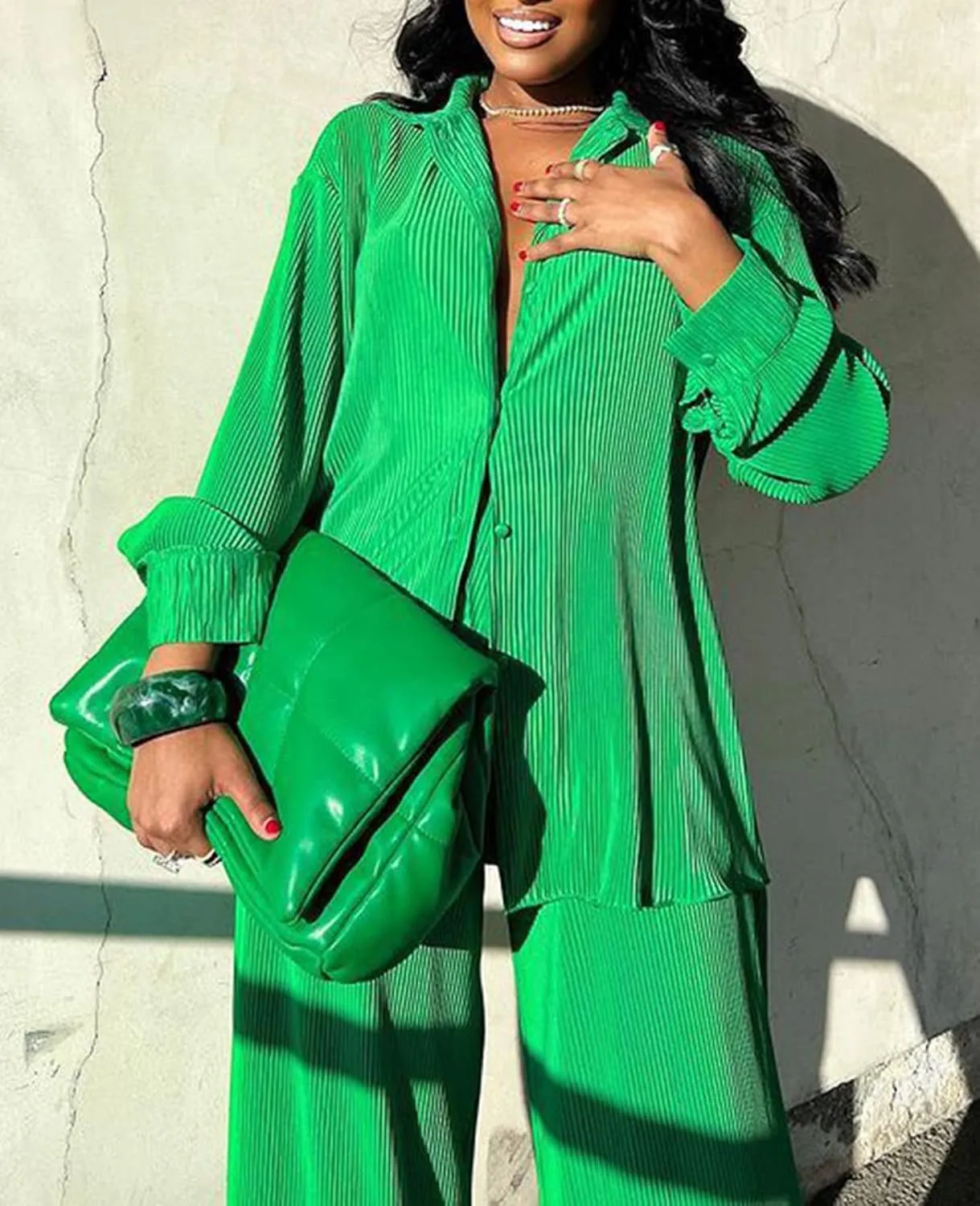 Neyaolk Women Pleated 2 Piece Pants Outfits Casual Loose Button Shirt Blouse Top Long Wide Leg Palazzo Pants Set Jumpsuit