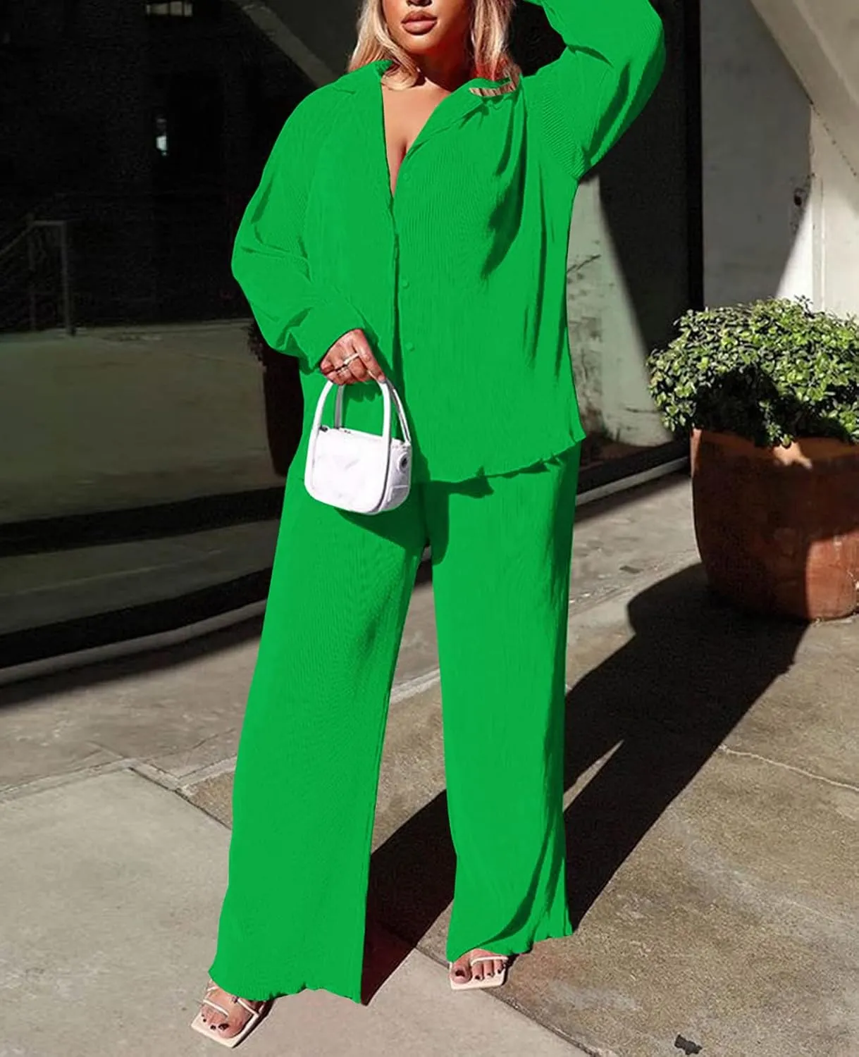Neyaolk Women Pleated 2 Piece Pants Outfits Casual Loose Button Shirt Blouse Top Long Wide Leg Palazzo Pants Set Jumpsuit