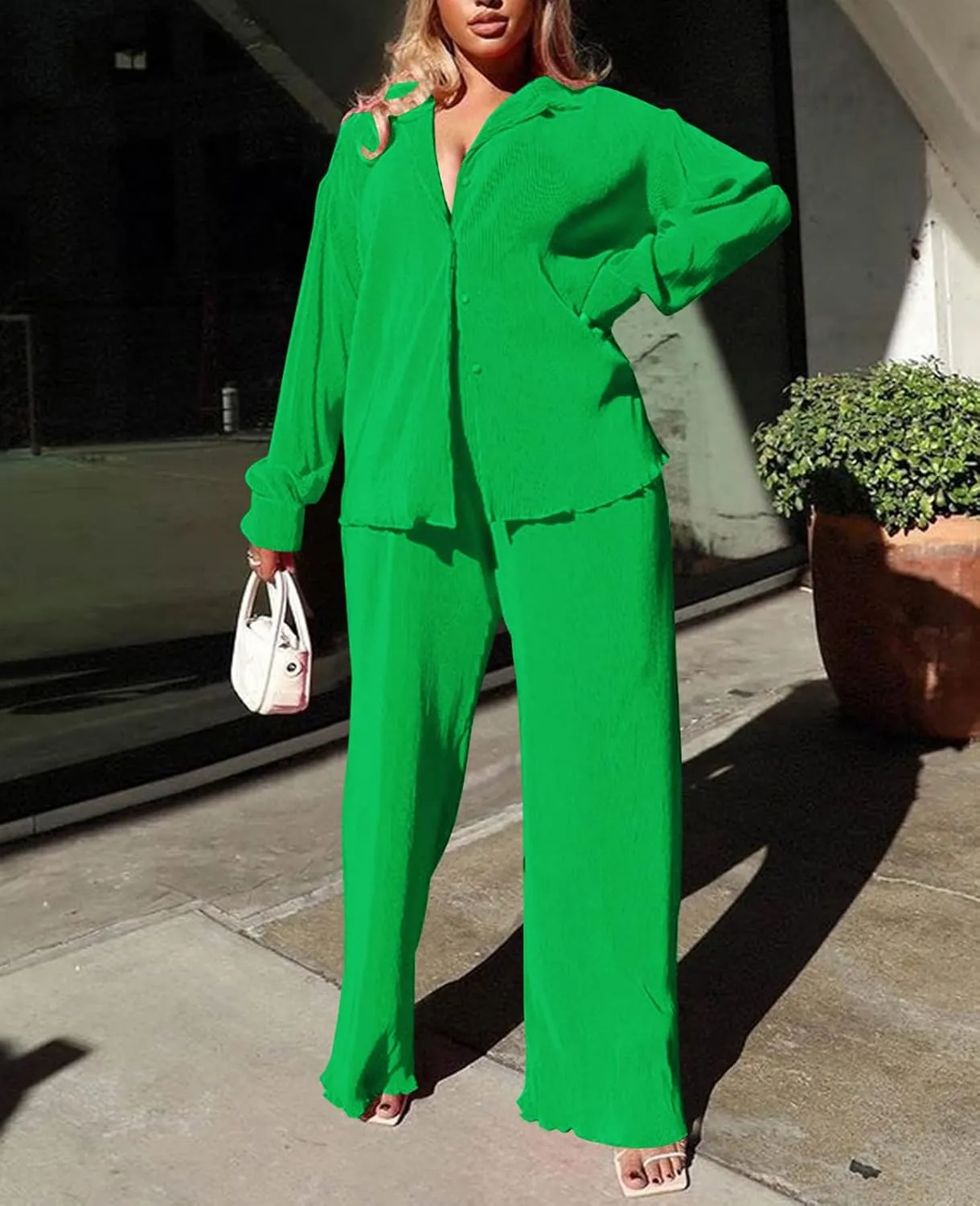 Neyaolk Women Pleated 2 Piece Pants Outfits Casual Loose Button Shirt Blouse Top Long Wide Leg Palazzo Pants Set Jumpsuit