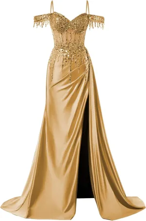 Off Shoulder Mermaid Prom Dresses Satin Corset Evening Gown Sequin Beaded Formal Dress with Slit