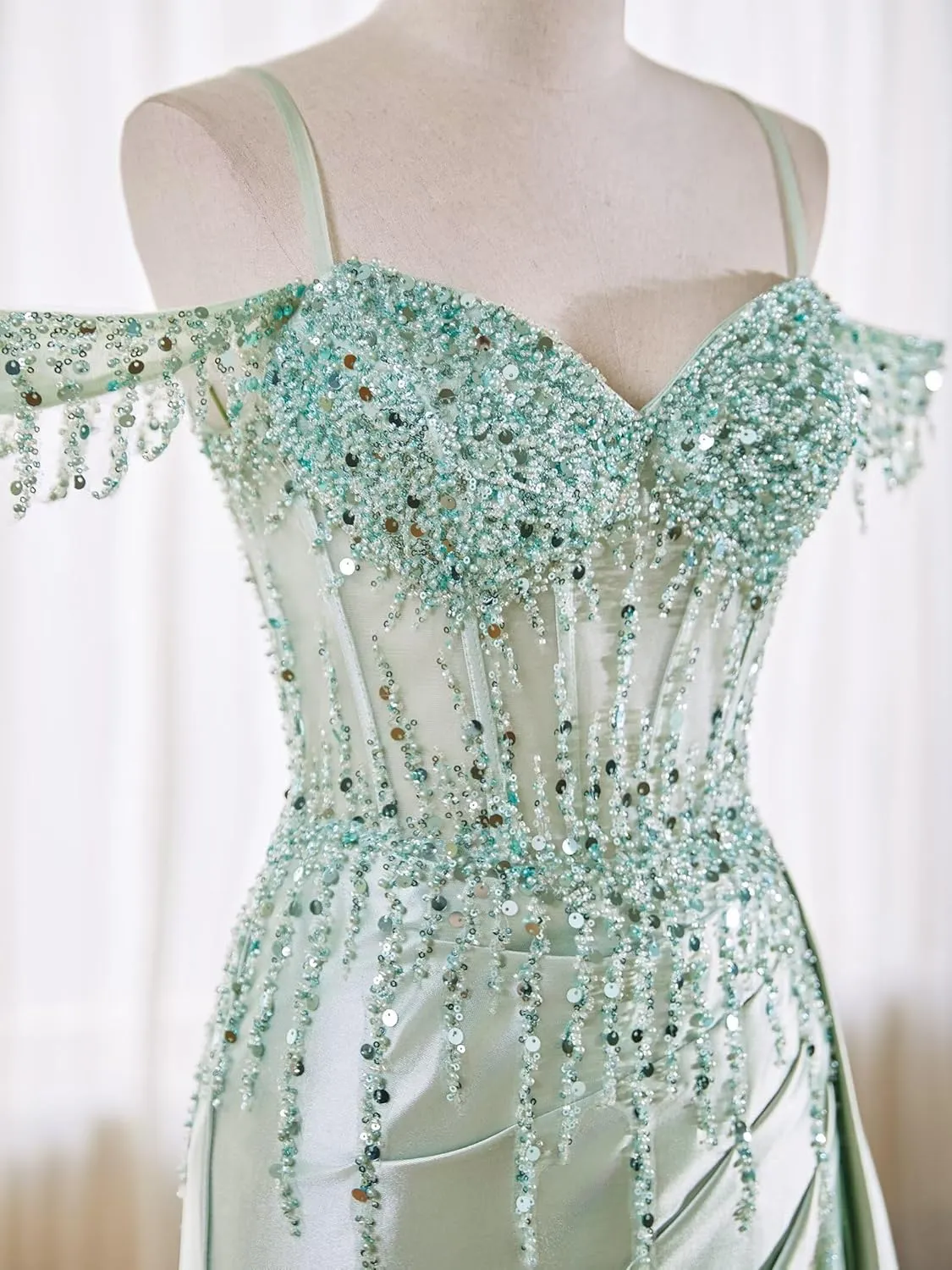 Off Shoulder Mermaid Prom Dresses Satin Corset Evening Gown Sequin Beaded Formal Dress with Slit