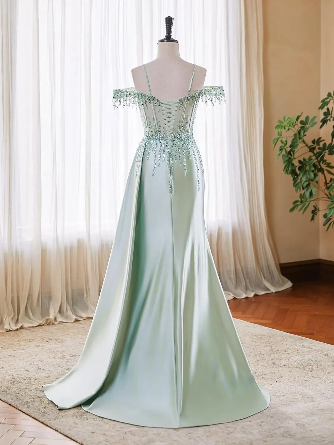 Off Shoulder Mermaid Prom Dresses Satin Corset Evening Gown Sequin Beaded Formal Dress with Slit