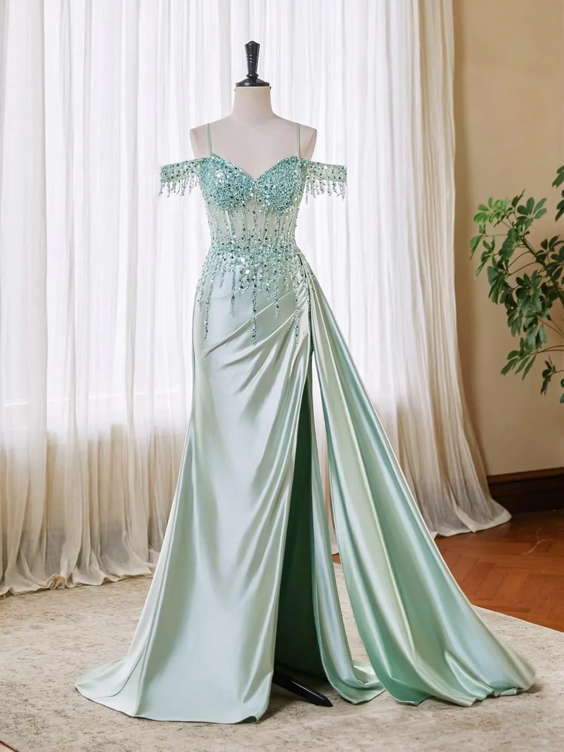 Off Shoulder Mermaid Prom Dresses Satin Corset Evening Gown Sequin Beaded Formal Dress with Slit