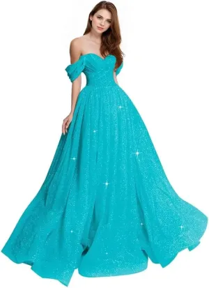 Off The Shoulder Prom Dress 2025 Glitter Tulle Ball Gown A Line Long Formal Evening Dresses