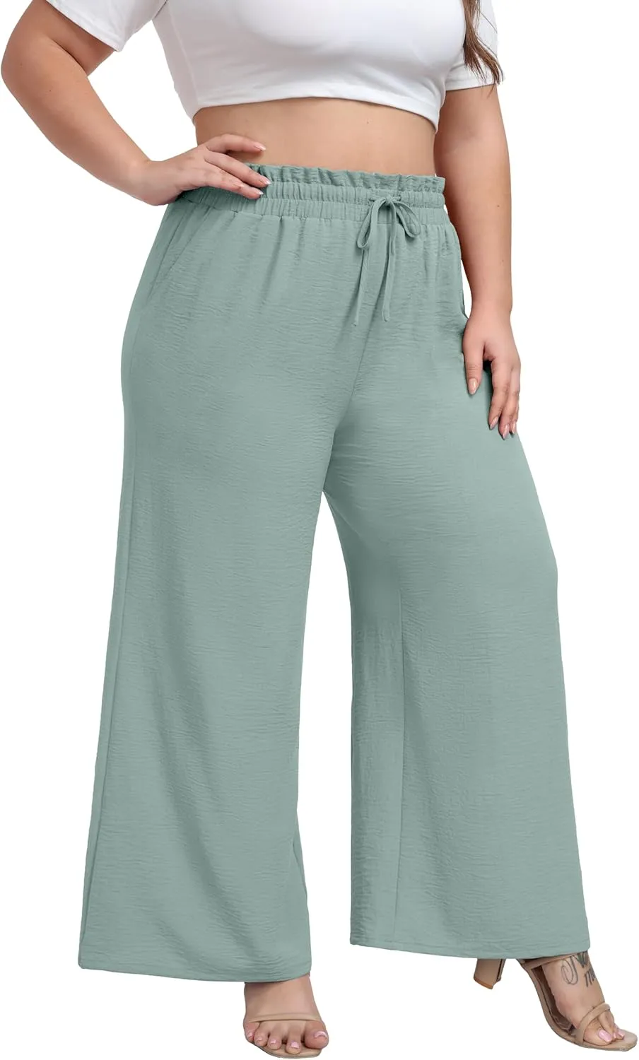 OLRIK Women's Plus Size Pants Self-Tie Belted High Waisted Wide Leg Pants Long Straight Palazzo Trousers with Pockets