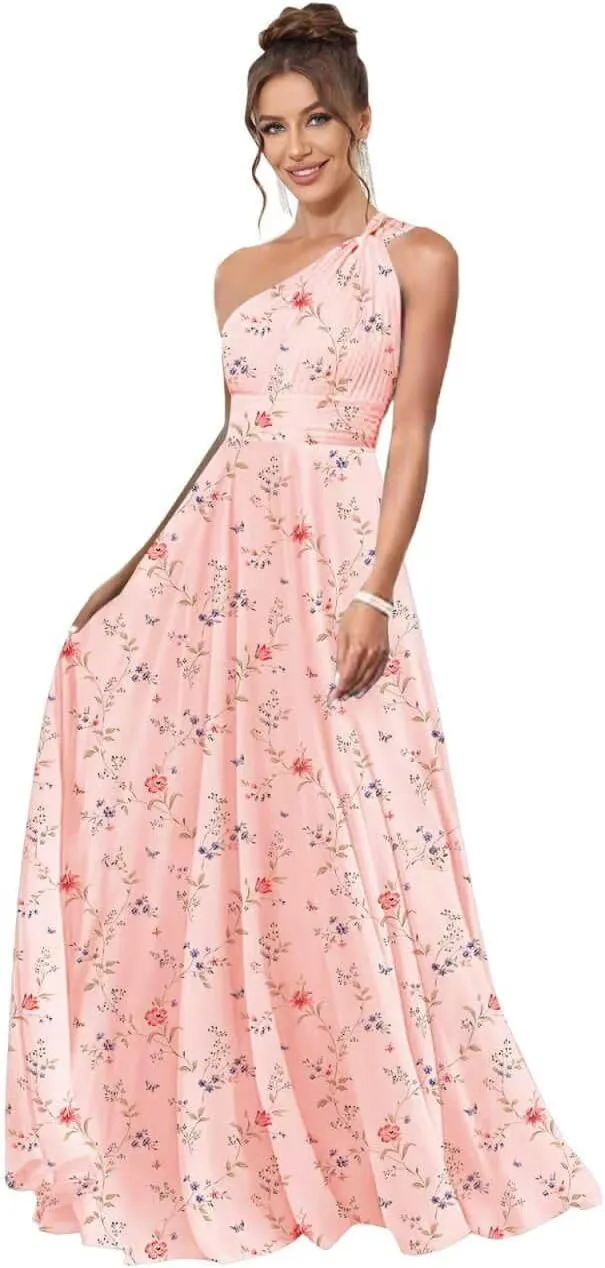 One Shoulder Bridesmaid Dresses for Women Pleated A Line Chiffon Long Evening Dress Formal Gown with Pocket
