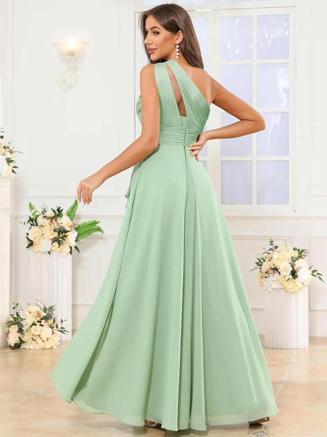 One Shoulder Bridesmaid Dresses for Women Ruffle Chiffon Evening Formal Gown with Slit